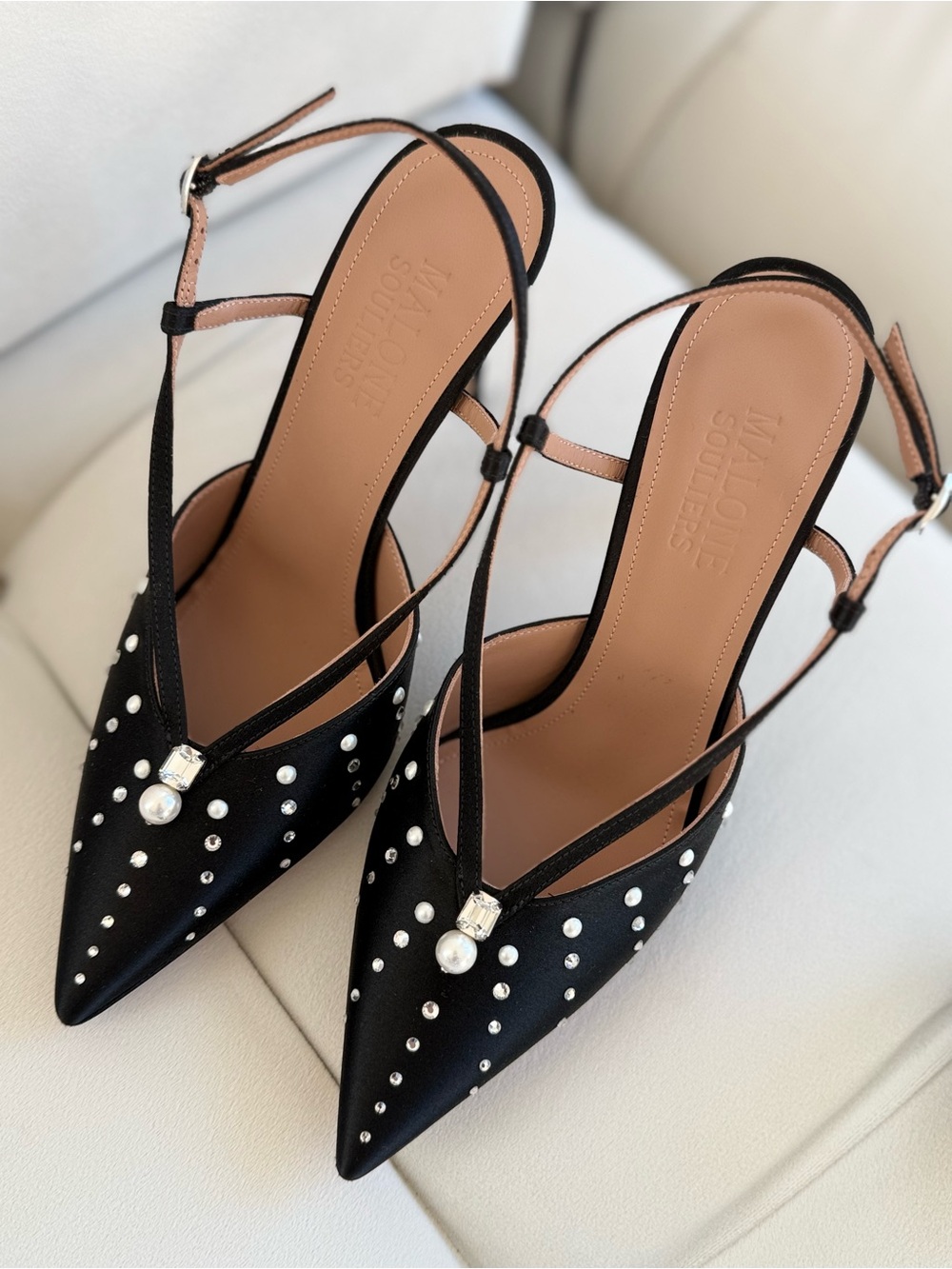 Malone Souliers Black Satin Moore Slingback Pumps In Black 37 New $1020